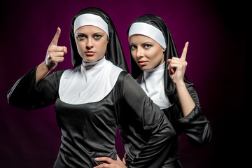 Attractive young nuns posing indoors