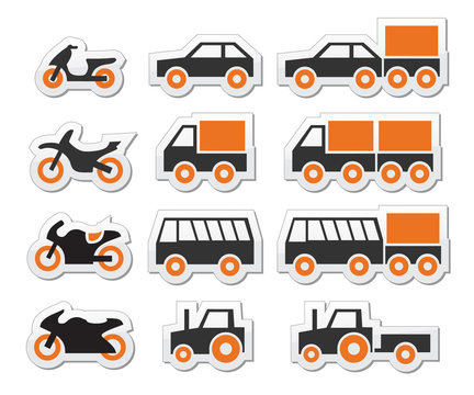 Orange transport and travel icons set
