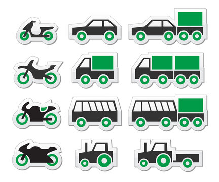 Green transport and travel icons set