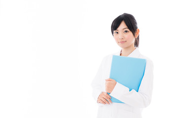 attractive asian doctor on white background