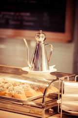 Wine bar tasting set up tray decoration bottles in restaurant