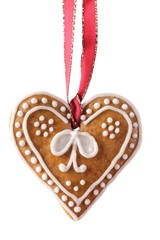 Christmas gingerbread cookie hanging on white background