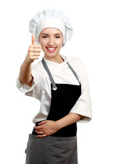 Attractive cook woman showing ok over white background