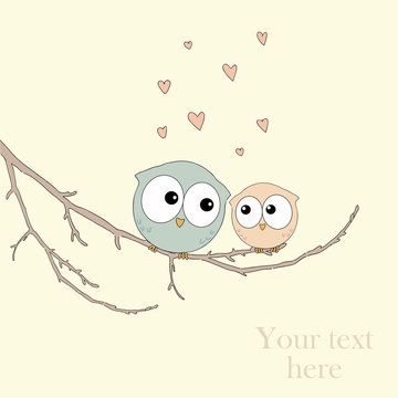 Greeting card with cute owls in love