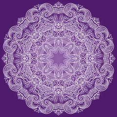 Round lace ornament isolated on purple.