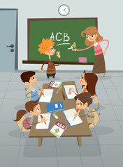 English language lesson in class , pupil learning alphabet with