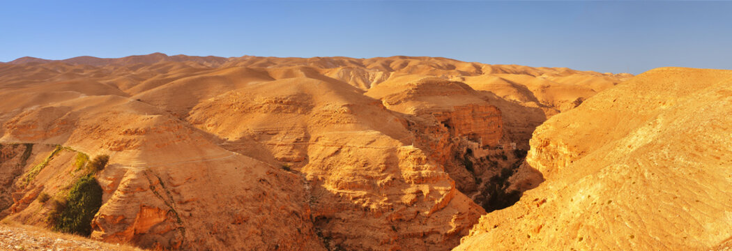 Judean desert. Panoramic view towards the Monastery of Tempation