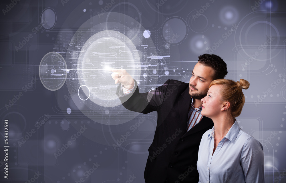 Poster happy couple touching abstract high technology circular buttons