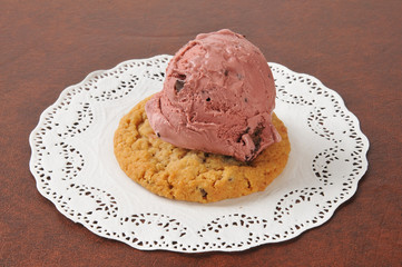 Dark cherry chocolate chip ice cream on a cookie