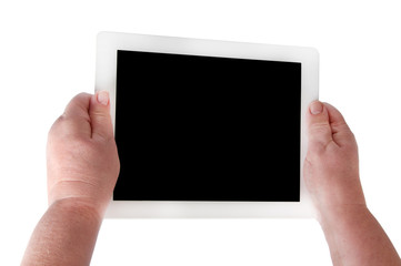 white tablet in his hands