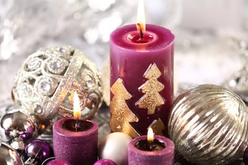 Silver and purple Christmas decorations.
