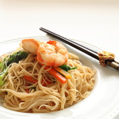 chinese food, shrimp and rice noodles stir fried