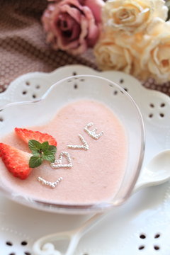 homemade strawberry mousse in heart sharp for valentines day
