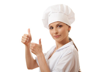 Chef woman, cook, happy thumbs up, isolated on white background