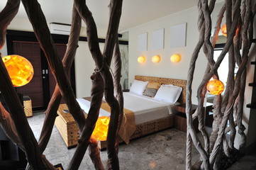 Interior of luxury tropical villa - bedroom - obrazy, fototapety, plakaty