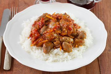 chicken hearts with boiled rice