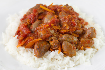 chicken hearts with carrot and boiled rice