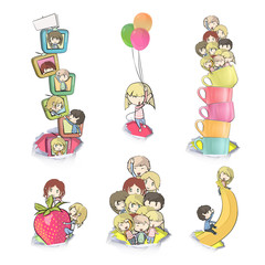Set of cute little kids in hole paper. 