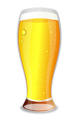 glass of refreshing beer with drops on a white