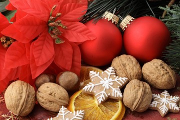 Christmas decorations, nuts and gingerbread cookies.