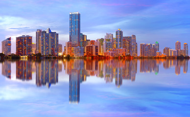 Fototapeta na wymiar City of Miami Florida sunset over downtown buildings