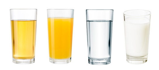 full glasses with different beverages isolated  set