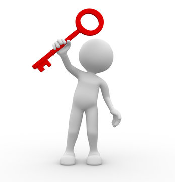 3D man holding a red key