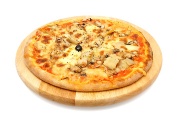 vegetarian pizza with artichoke on wooden plate