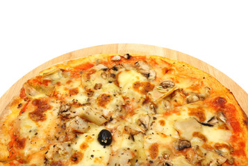 vegetarian pizza with artichoke on wooden plate