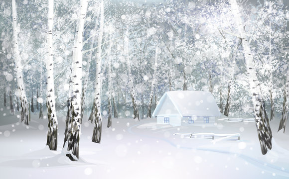 Vector of winter snowy landscape with house in birch  forest.