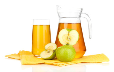 Full glass and jug of apple juice and apples isolted on white