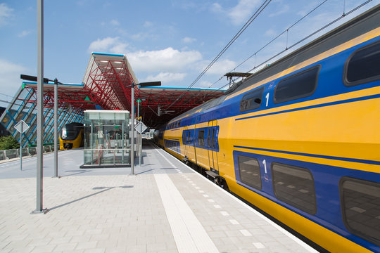 A train is leaving the central station of Lelystad, the Netherla