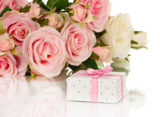 Fototapeta na wymiar Beautiful gift on flowers background isolated on white