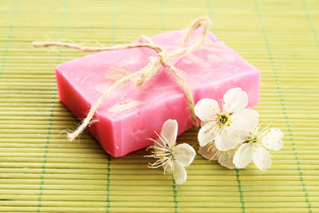 Fototapeta na wymiar Natural handmade soap on bamboo mat