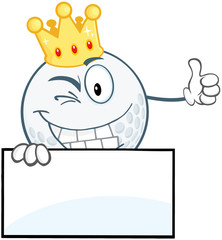 Winking Golf Ball With Gold Crown Holding A Thumb Up Over Sign