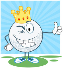 Winking Golf Ball With Gold Crown Holding A Thumb Up