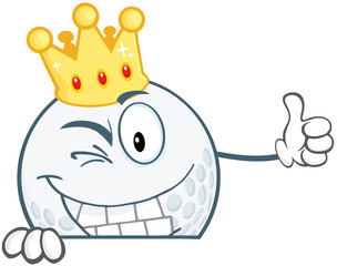 Winking Golf Ball With Gold Crown Holding A Thumb Up Over Sign