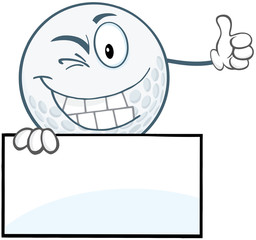 Winking Golf Ball Holding A Thumb Up Over Blank Sign