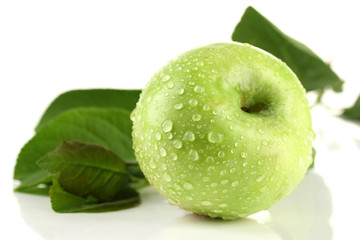 Juicy green apple with leaves, isolated on white