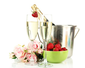 Romantic still life with champagne, strawberry and pink roses,