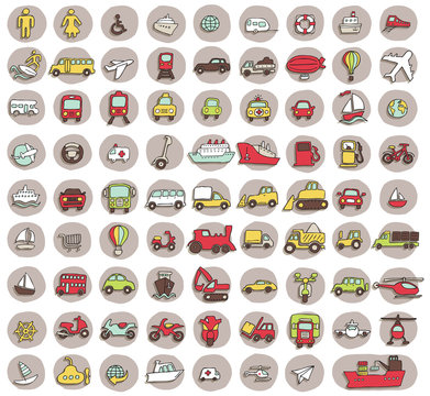 Collection of 80 transportation doodled icons