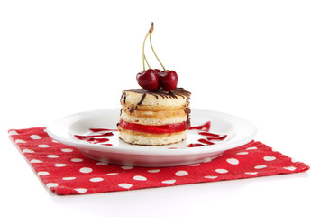Tasty biscuit cake on plate isolated on white
