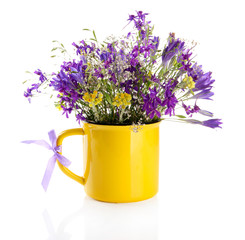 Beautiful bouquet of wildflowers in cup, isolated on white