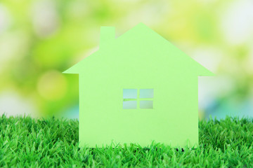 Paper house on grass on natural background