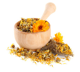 Fresh and dried calendula flowers in wooden mortar  isolated