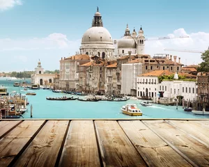 Foto op geborsteld aluminium Venetië Basilica Santa Maria della Salute, Venice, Italy and wooden surf