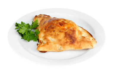 Pizza calzone on table isolated on white