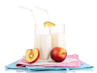 Delicious milk shakes with peach isolated on white