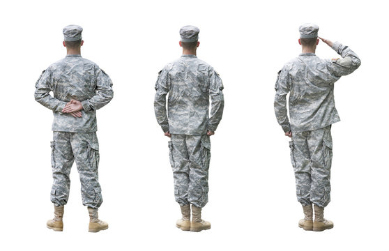 US Army soldier in three positions isolated on white background