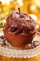 Close-up of baked apple on holiday table